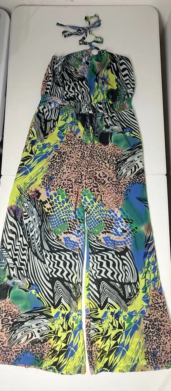 Authentic Brand Multicolor Halter Jumpsuit Wide Leg Animal Print Size 2X Lined